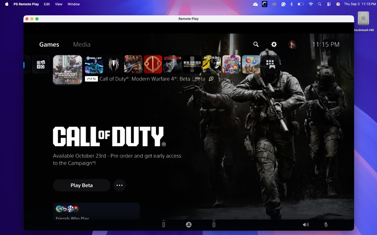 The PlayStation Remote Play app is working on a Mac desktop with the main PS5 UI displayed.