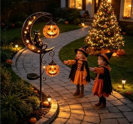 Solar Black Cat & Pumpkin Moon Stake Light Outdoor Decor Weatherproof Design for Garden, Yard and Halloween Atmosphere Solar-Powered Pathway Lights