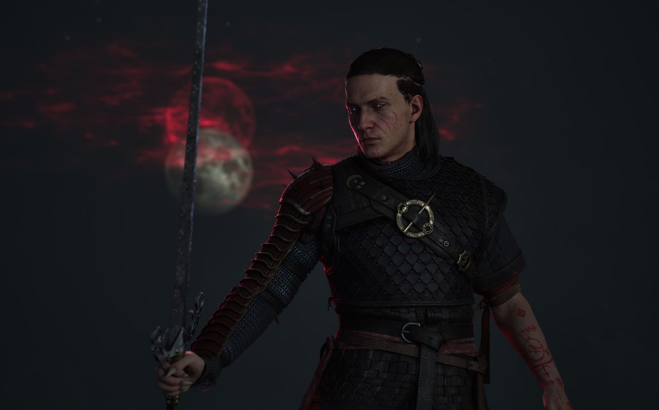 A picture of the lead character, Coen, from The Blood of the Dawnwalker holding a sword with a moon in the background.