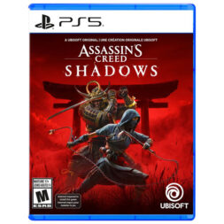 Assassin’s Creed Shadows PS5 box art featuring Naoe and Yasuke against a red background.