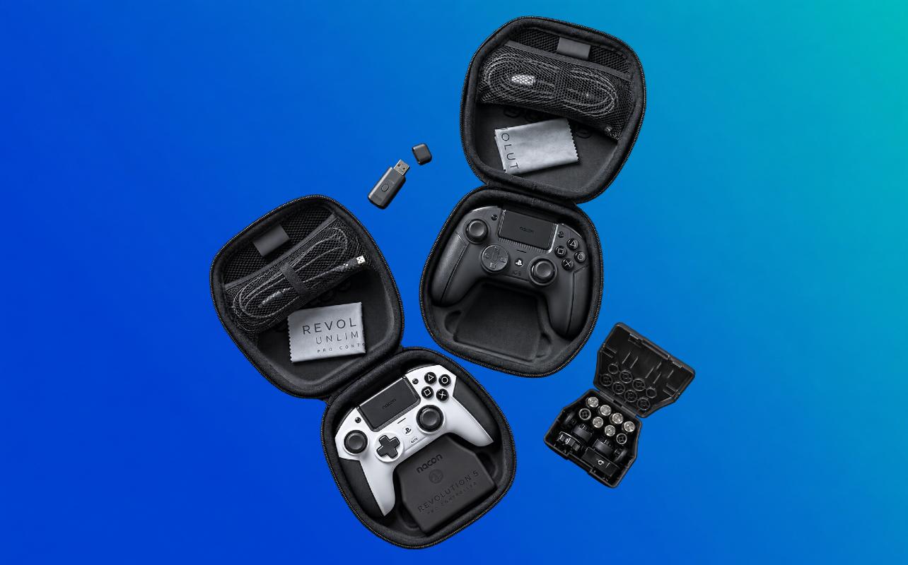 Nacon REVOLUTION 5 PRO controllers with carrying cases, accessories, cables, and interchangeable components.
