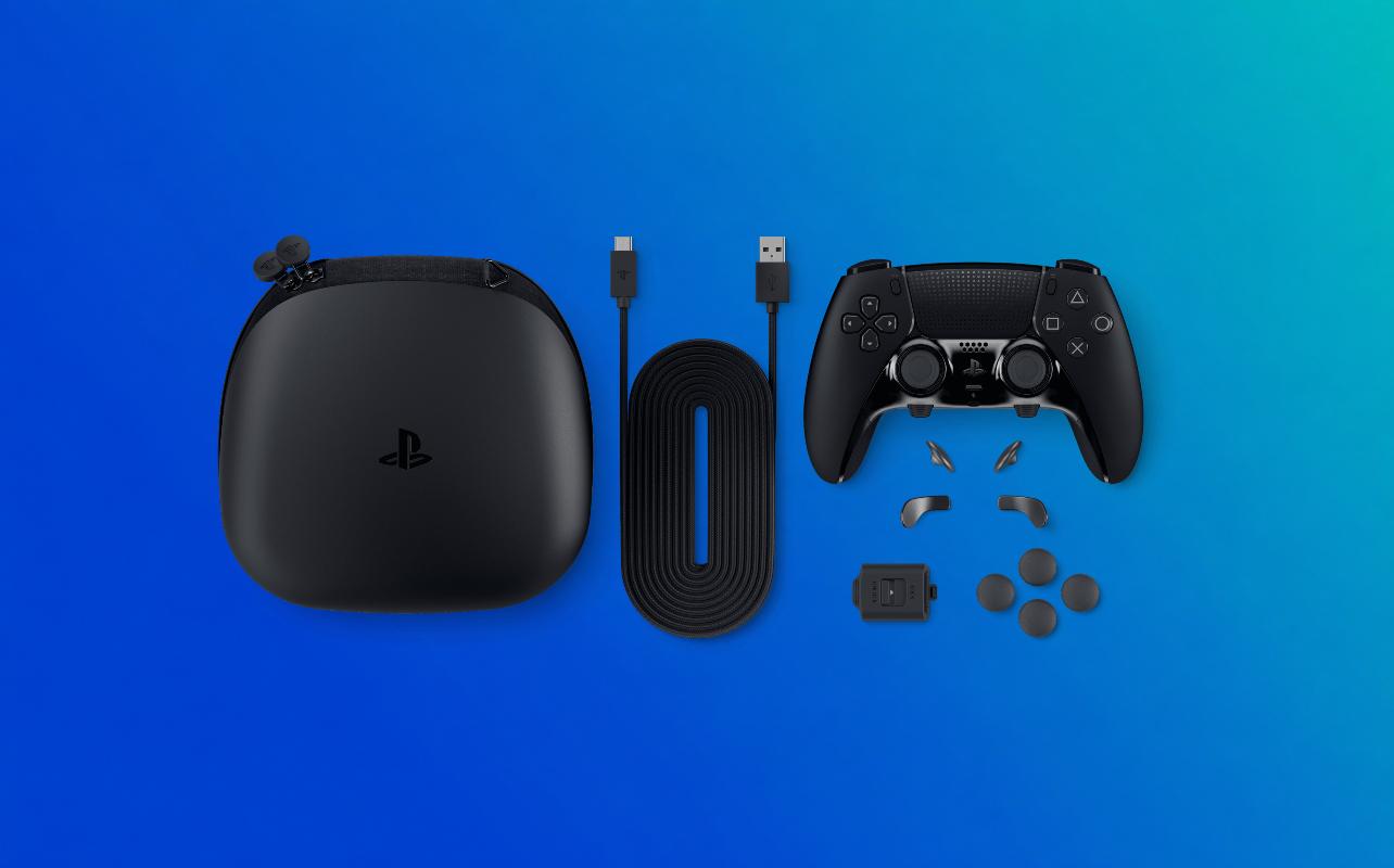 DualSense Edge wireless controller in Midnight Black with carrying case, cable, and accessories.