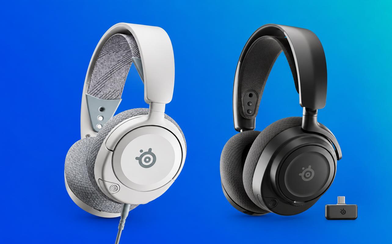 SteelSeries Arctis Nova 1P wired headset and Arctis Nova 7P Gen 2 wireless headset.