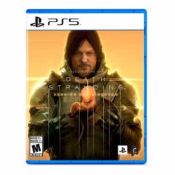 Death Stranding Director’s Cut PS5 box art featuring Sam Porter Bridges holding a BB pod against a glowing orange background.