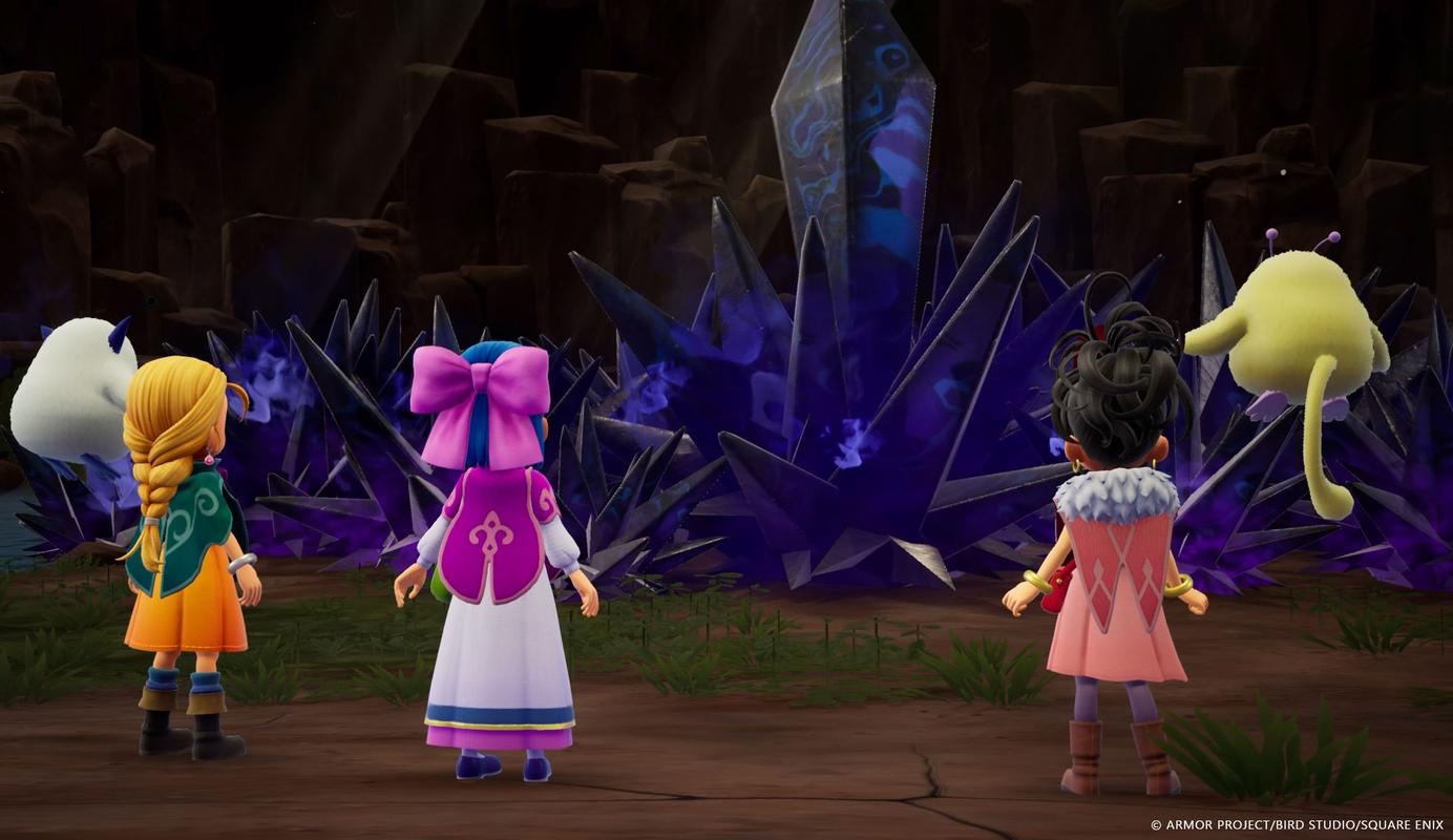 Bianca, Nera, and companions facing dark crystal formations in Dragon Quest Monsters: The Withered World