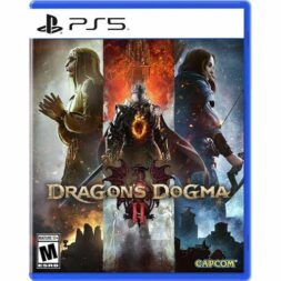 Dragon’s Dogma 2 PS5 box art featuring the Arisen in armour between two characters against fiery and blue fantasy artwork.