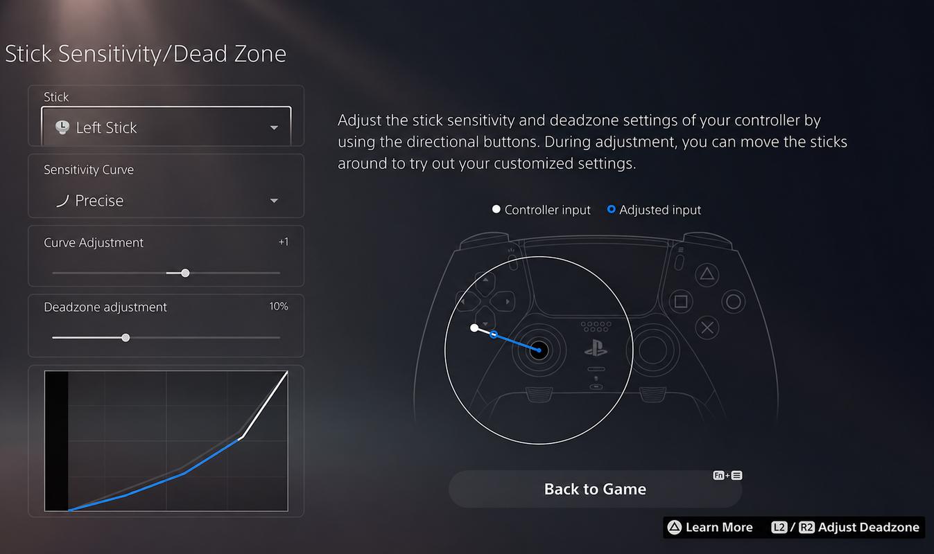 DualSense Edge Stick Sensitivity and Dead Zone screen showing deadzone adjustment and sensitivity settings.
