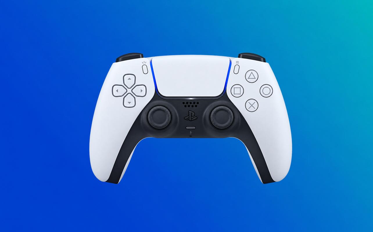 Manette sans fil DualSense blanche sur un fond bleu.