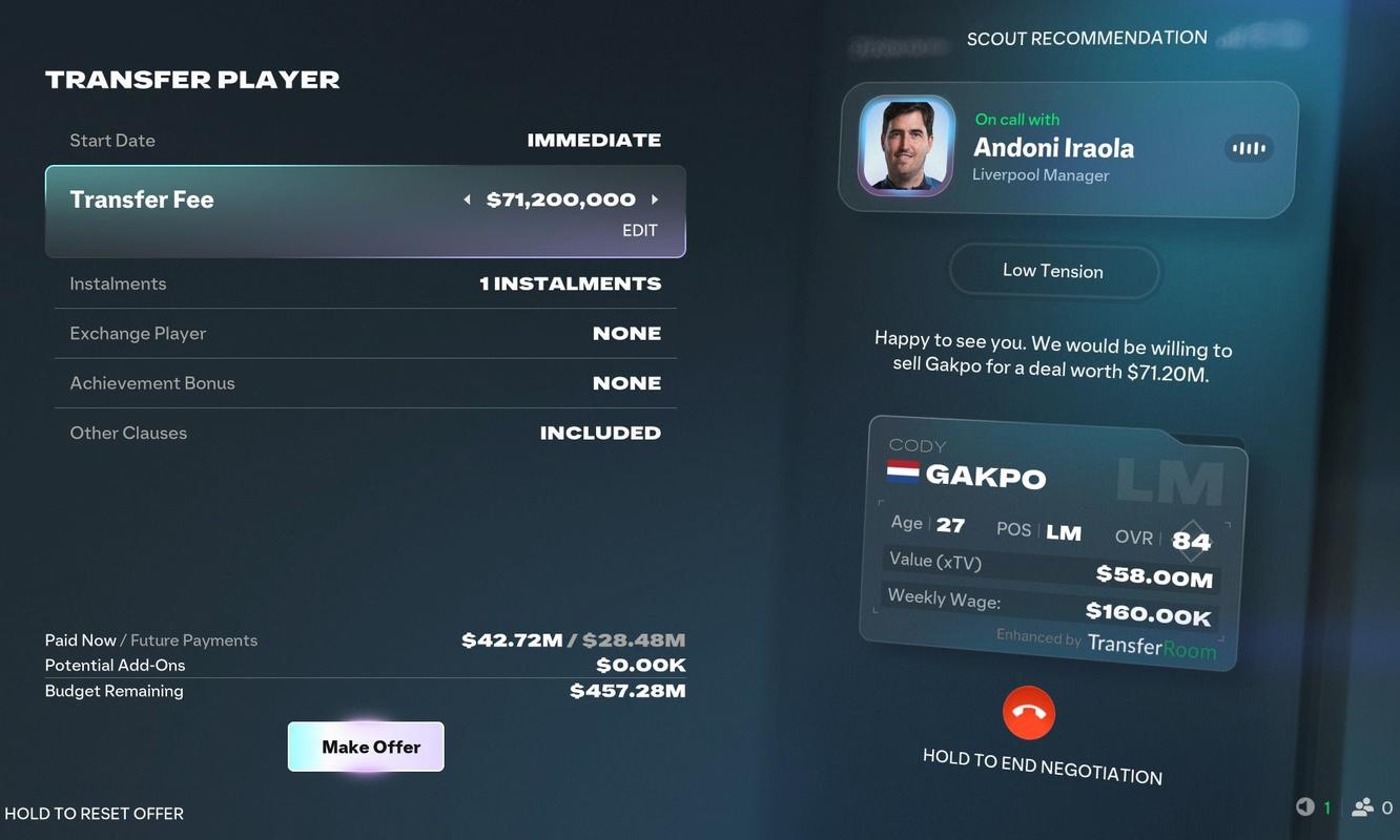 EA Sports FC 27 Career mode transfer negotiation screen showing an offer for Cody Gakpo.