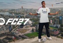 EA Sports FC 27 plays smarter through movement and defending : EA Sports FC 27 promotional image featuring Kylian Mbappé standing above a city football scene.