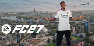 : EA Sports FC 27 promotional image featuring Kylian Mbappé standing above a city football scene.
