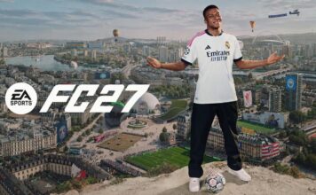 : EA Sports FC 27 promotional image featuring Kylian Mbappé standing above a city football scene.