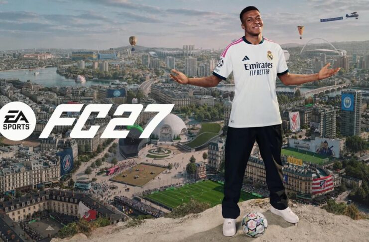 : EA Sports FC 27 promotional image featuring Kylian Mbappé standing above a city football scene.
