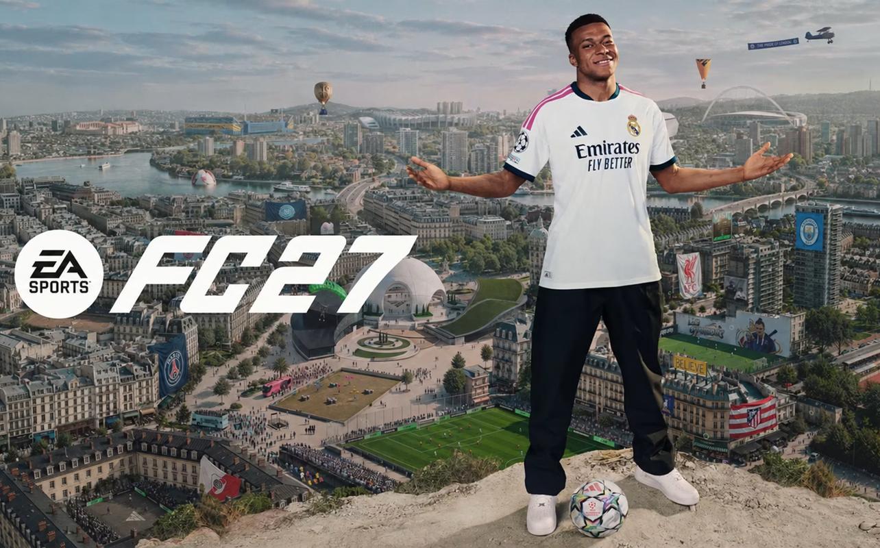 : EA Sports FC 27 promotional image featuring Kylian Mbappé standing above a city football scene.