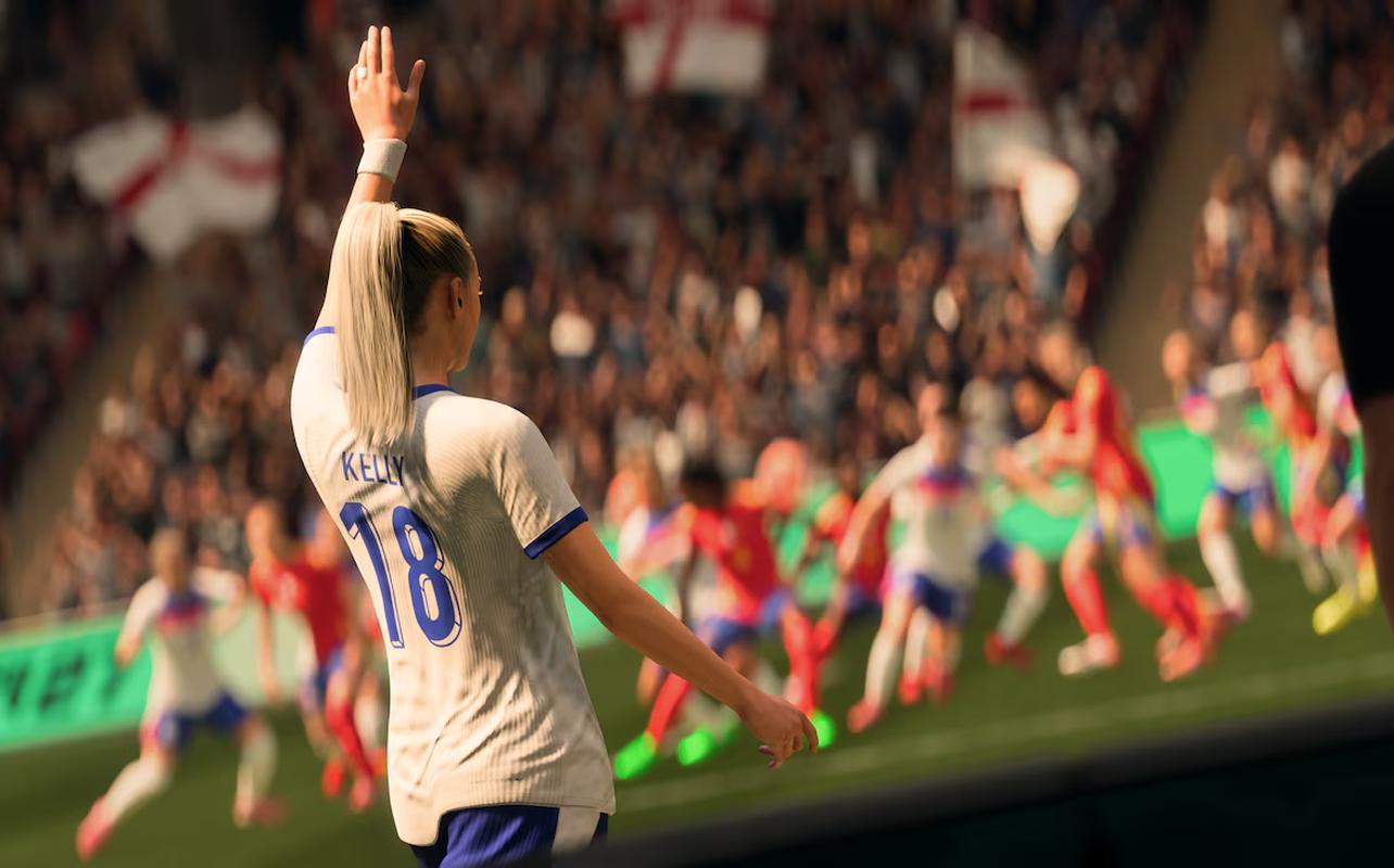 Chloe Kelly prepares to take a set piece for England in front of a packed stadium in EA Sports FC 27.