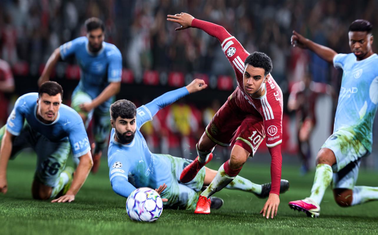 Jamal Musiala keeps control of the ball while moving through defenders in EA Sports FC 27.