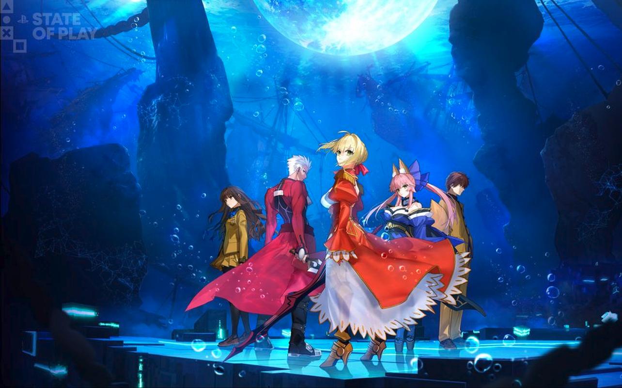 Fate/Extra Record artwork showing the game’s main characters standing in a blue digital environment