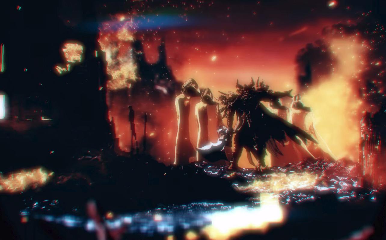 Final Fantasy Resonance gameplay scene with a silhouetted character surrounded by glowing red and orange effects