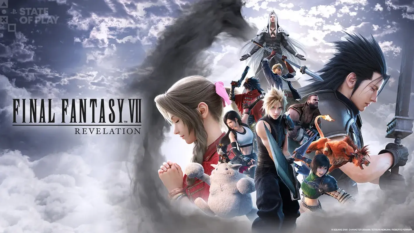 Final Fantasy VII Revelation key art featuring the game’s main cast against a cloudy backdrop