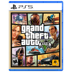 Grand Theft Auto V PS5 box art featuring a collage of characters, vehicles, and scenes from Los Santos.