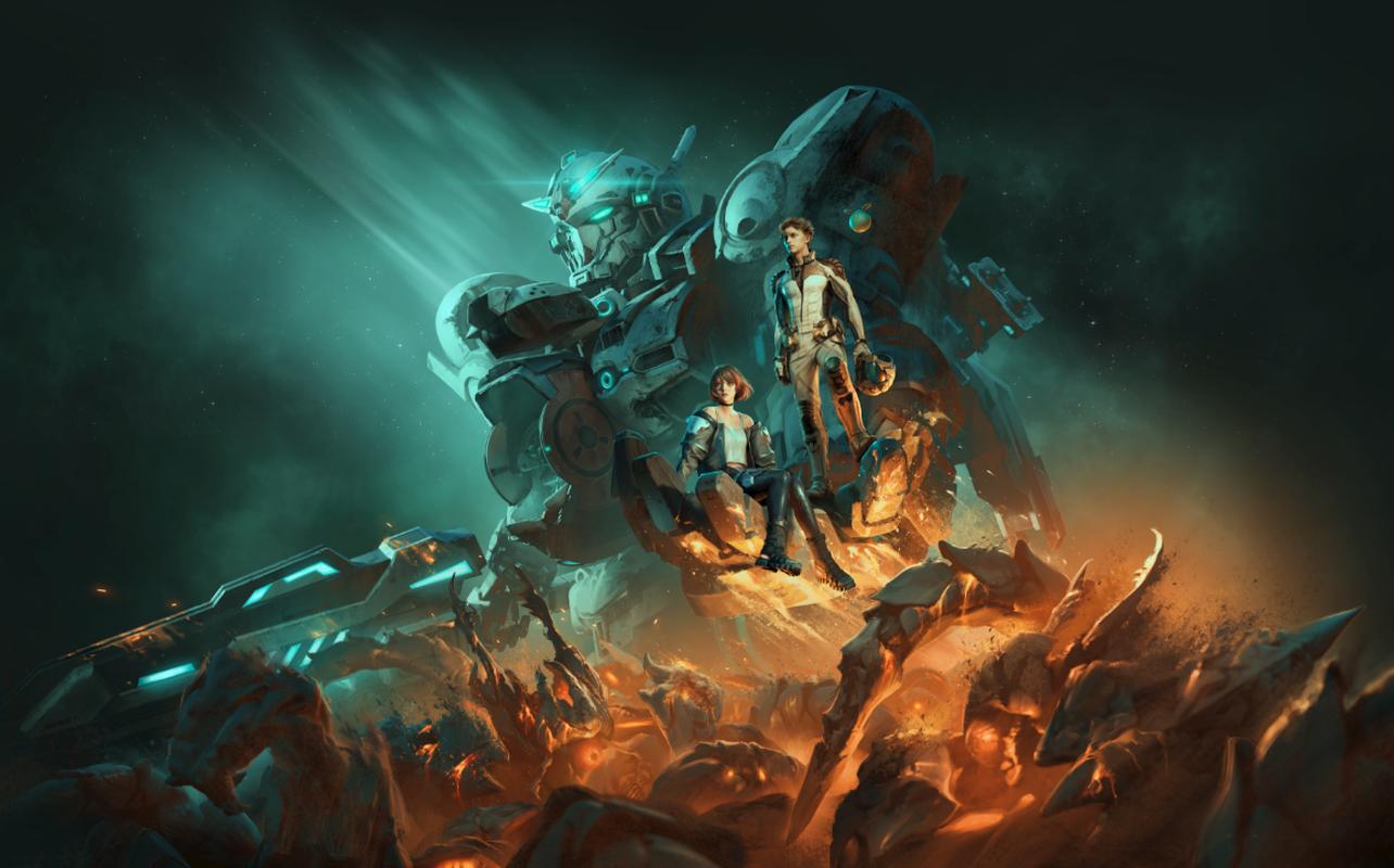 Gundam Rogue Orbit artwork showing two characters in front of a large Mobile Suit above a battlefield