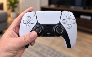 Hand holding a DualSense wireless controller in a living room.