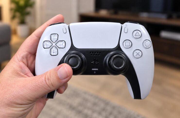 Hand holding a DualSense wireless controller in a living room.