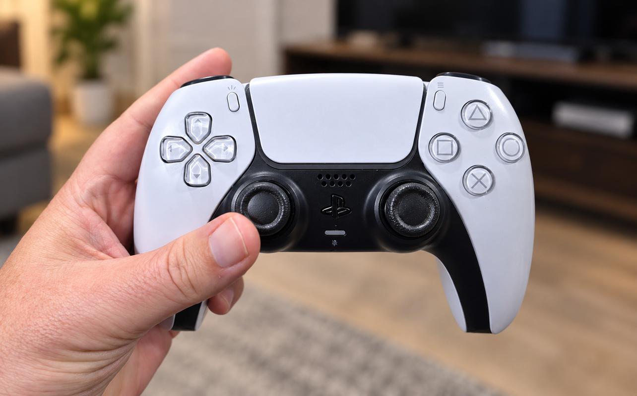 Hand holding a DualSense wireless controller in a living room.
