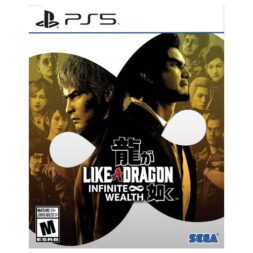 Like a Dragon: Infinite Wealth PS5 box art featuring Ichiban Kasuga and Kazuma Kiryu back-to-back against a gold and black character collage.