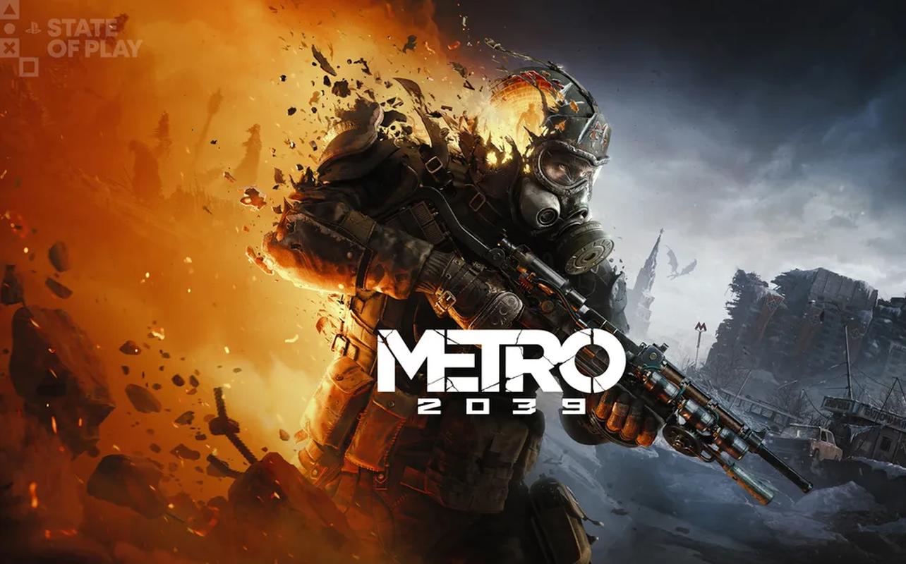 Metro 2039 key art showing an armed survivor in a gas mask against a ruined city backdrop