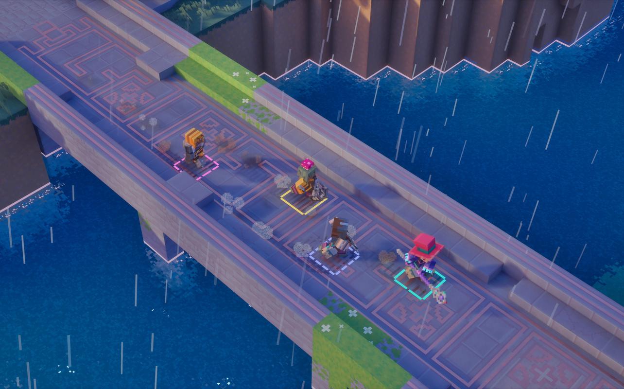 Quatre personnages de Minecraft Dungeons II traversant un pont de pierre sous la pluie.