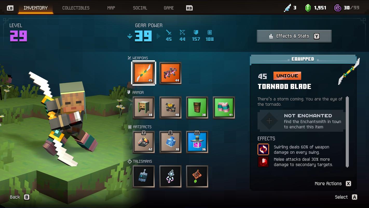 Inventaire de Minecraft Dungeons II affichant des armes, des pièces d’armure séparées, des artefacts et des talismans.