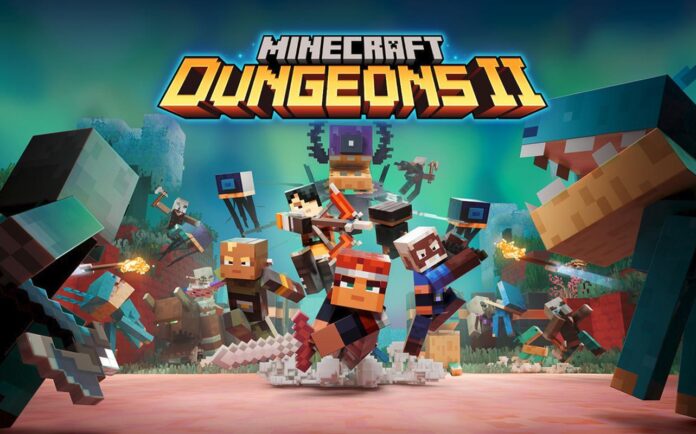 Minecraft Dungeons II key art showing four heroes surrounded by enemies beneath the game logo.
