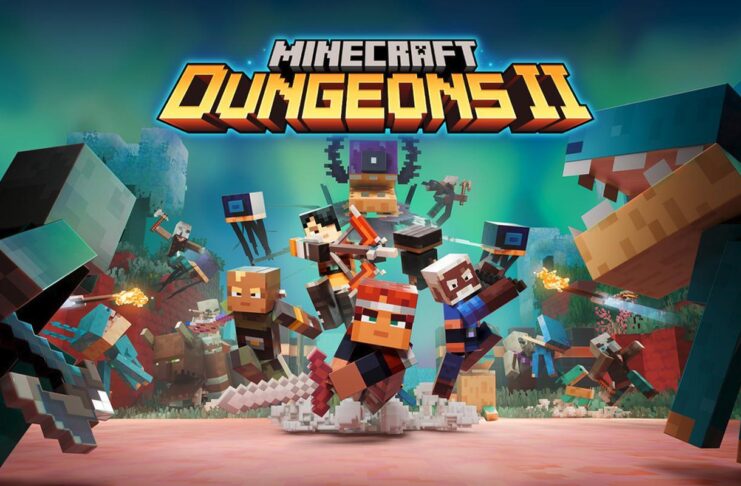 Minecraft Dungeons II key art showing four heroes surrounded by enemies beneath the game logo.