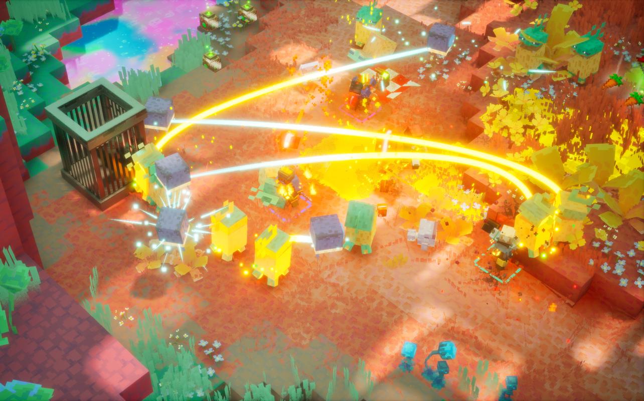 Personnages de Minecraft Dungeons II combattant des ennemis dans le Sift alors que de brillants effets d’attaque envahissent l’écran.