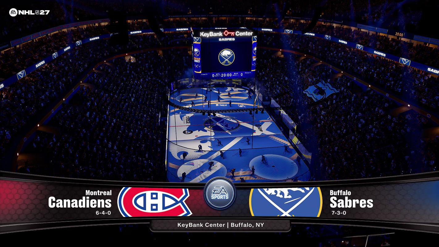 NHL 27 pregame broadcast screen showing the Montreal Canadiens and Buffalo Sabres at KeyBank Center.