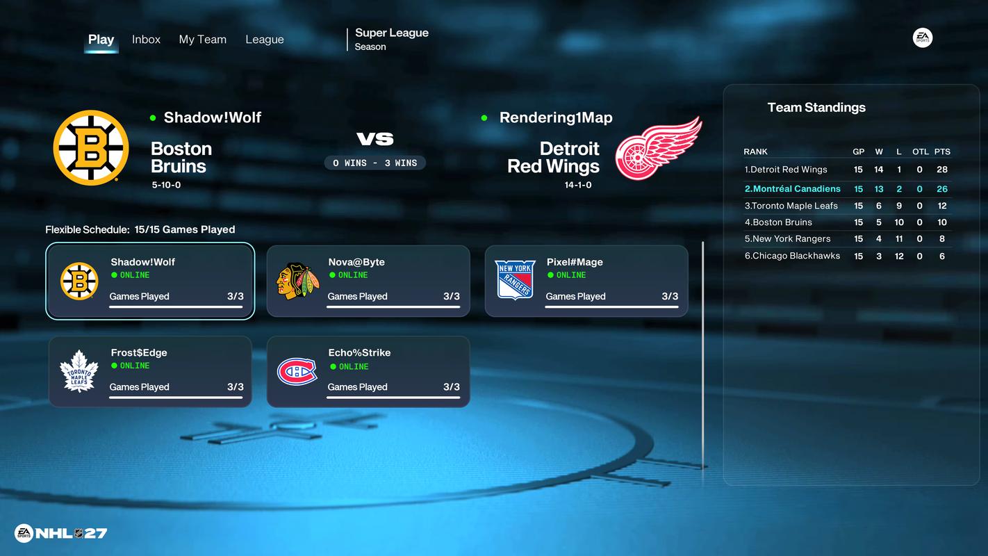 NHL 27 Connected Franchise menu showing an online league matchup between the Boston Bruins and Detroit Red Wings.