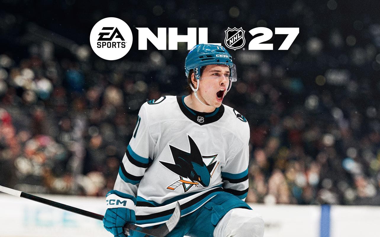 NHL 27 feature image featuring San Jose Sharks forward Macklin Celebrini beneath the EA SPORTS NHL 27 logo.