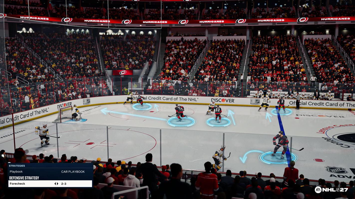 NHL 27 gameplay showing skaters in the defensive zone with the defensive strategy menu open.