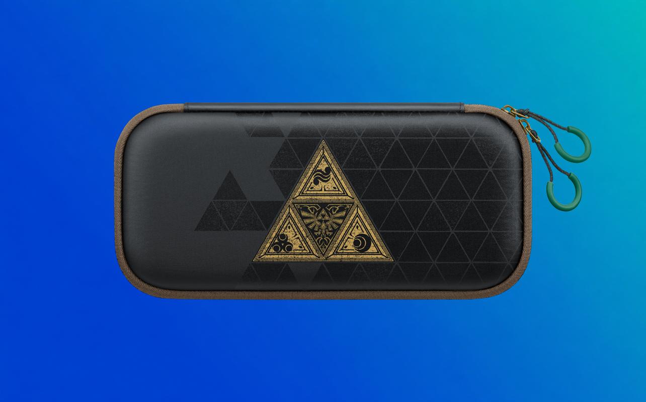Black Nintendo Switch 2 carrying case with a large gold Triforce design, brown trim, and green zipper pulls.