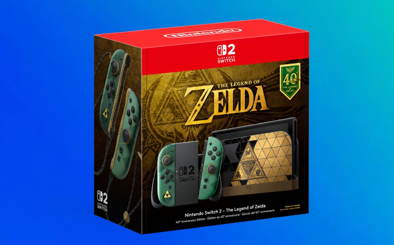 Nintendo Switch 2 – The Legend of Zelda – 40th Anniversary Edition box featuring the gold, black, and green Triforce design.