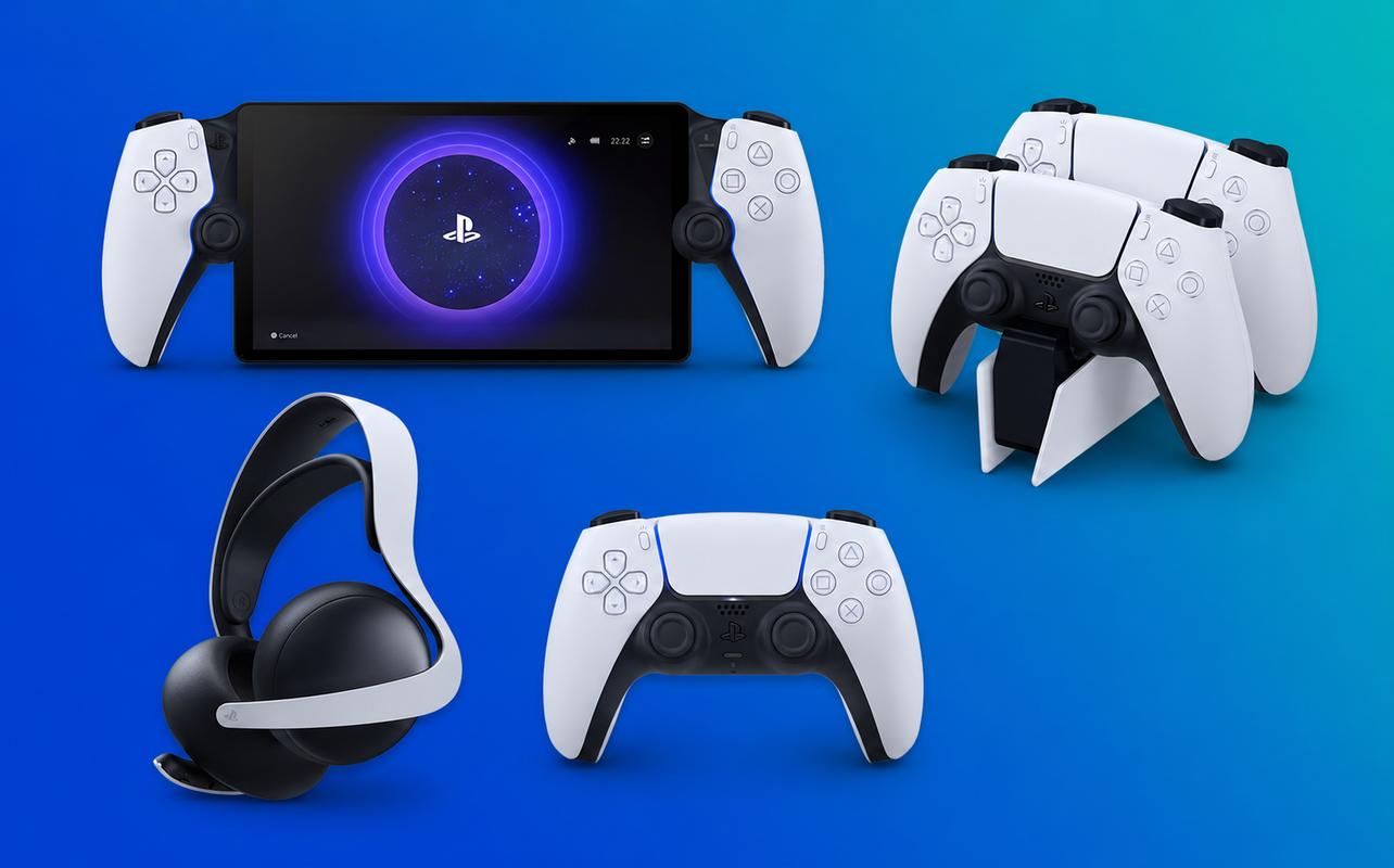 PlayStation Portal, DualSense wireless controller, DualSense charging station, and PULSE Elite wireless headset on a blue-to-teal background.