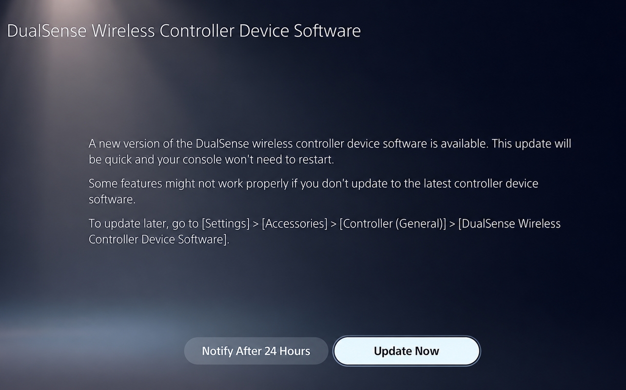 PS5 screen showing a DualSense wireless controller device software update prompt with Update Now selected.