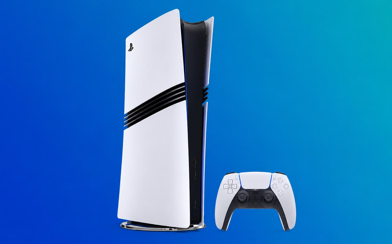 PS5 Pro console with a DualSense wireless controller on a blue-to-teal background.