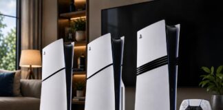PS5 Slim Digital Edition, PS5 Slim and PS5 Pro consoles displayed with a DualSense wireless controller in a living room setup.