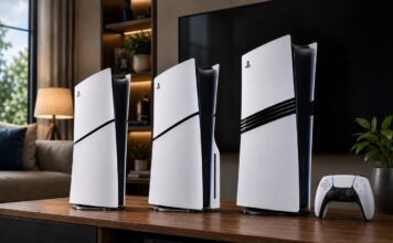 PS5 Slim Digital Edition, PS5 Slim and PS5 Pro consoles displayed with a DualSense wireless controller in a living room setup.