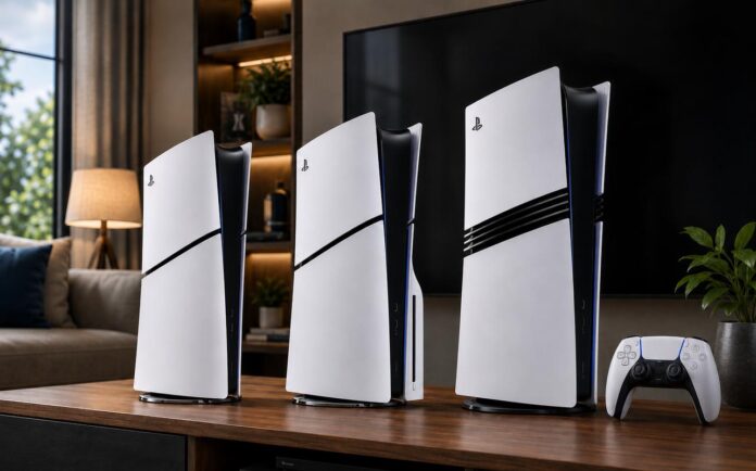 PS5 Slim Digital Edition, PS5 Slim and PS5 Pro consoles displayed with a DualSense wireless controller in a living room setup.