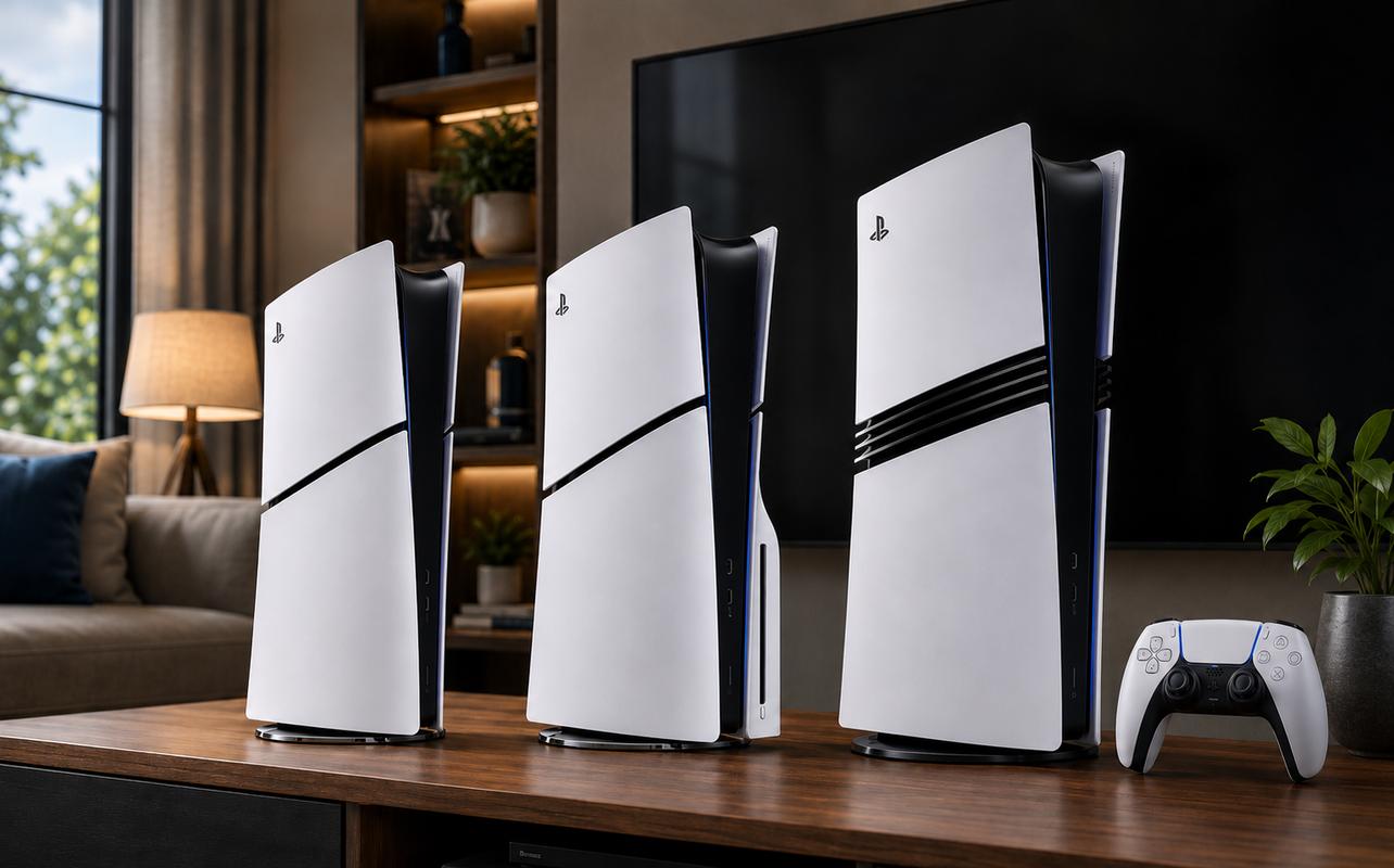 PS5 Slim Digital Edition, PS5 Slim and PS5 Pro consoles displayed with a DualSense wireless controller in a living room setup.