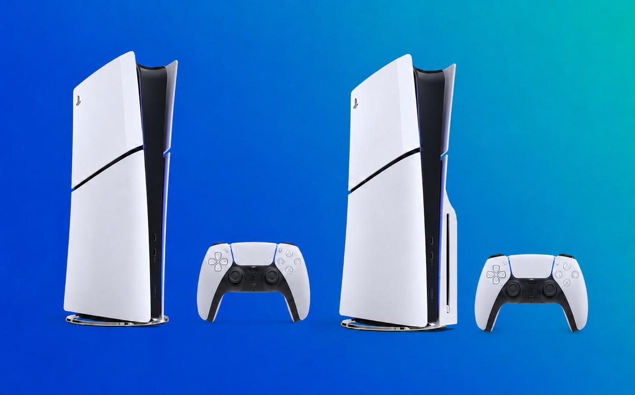 PS5 Slim Digital Edition and PS5 Slim consoles shown side by side with DualSense wireless controllers.