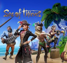 Sea of Thieves artwork featuring four pirates on a tropical beach beside a ship.